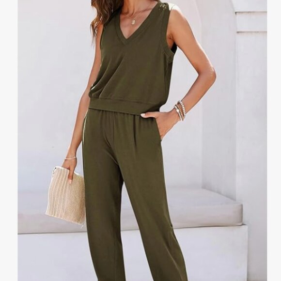 PRETTYGARDEN Women's Summer 2 Piece Tracksuit V Neck Tank Top Jogger Sweatpants - Picture 3 of 5